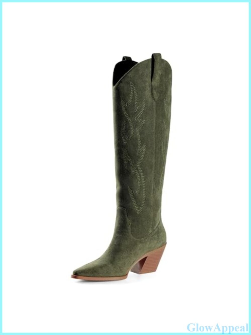 Faux Suede Cowboy Knee High Boots Pointed Toe Block Heel Embroidered